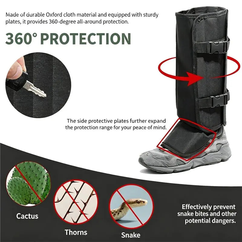 A black protective leg guard shown on a gray boot, with marketing text, a close-up inset of the fabric, and icons showing protection against cactus, thorns, and snakes.