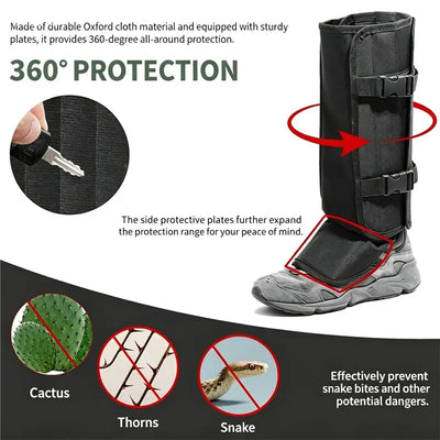 A black protective leg guard shown on a gray boot, with marketing text, a close-up inset of the fabric, and icons showing protection against cactus, thorns, and snakes.