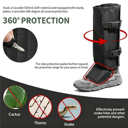 A black protective leg guard shown on a gray boot, with marketing text, a close-up inset of the fabric, and icons showing protection against cactus, thorns, and snakes.