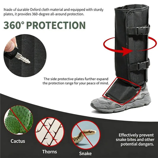 A black protective leg guard shown on a gray boot, with marketing text, a close-up inset of the fabric, and icons showing protection against cactus, thorns, and snakes.