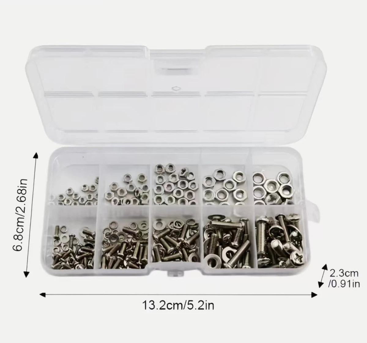 Assorted metal screws and nuts in a clear plastic box with dimensions labeled.