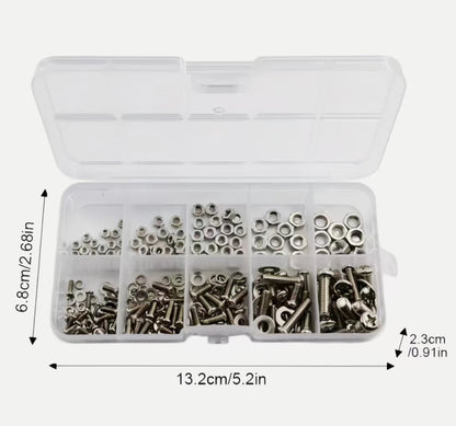 Assorted metal screws and nuts in a clear plastic box with dimensions labeled.