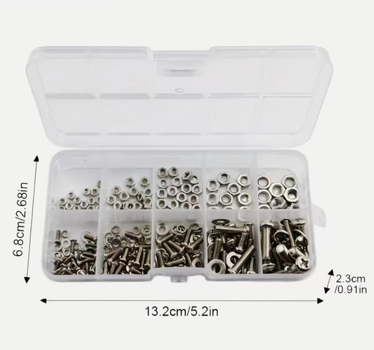 Assorted metal screws and nuts in a clear plastic box with dimensions labeled.