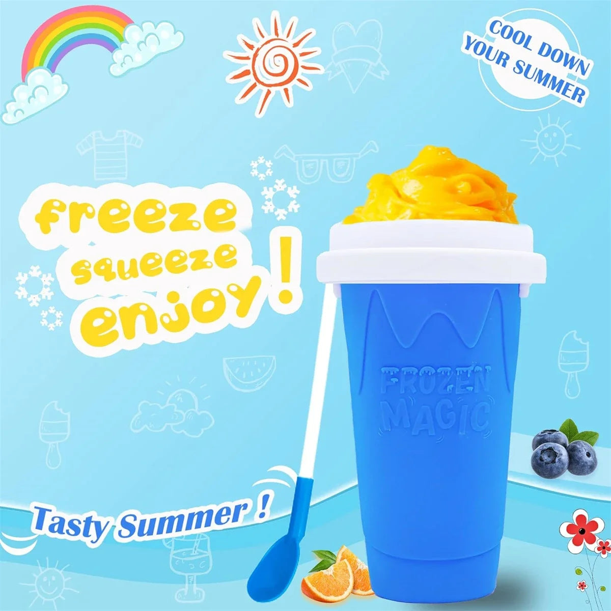 Blue frozen yogurt cup with yellow frozen yogurt on a blue background with summer-themed graphics.