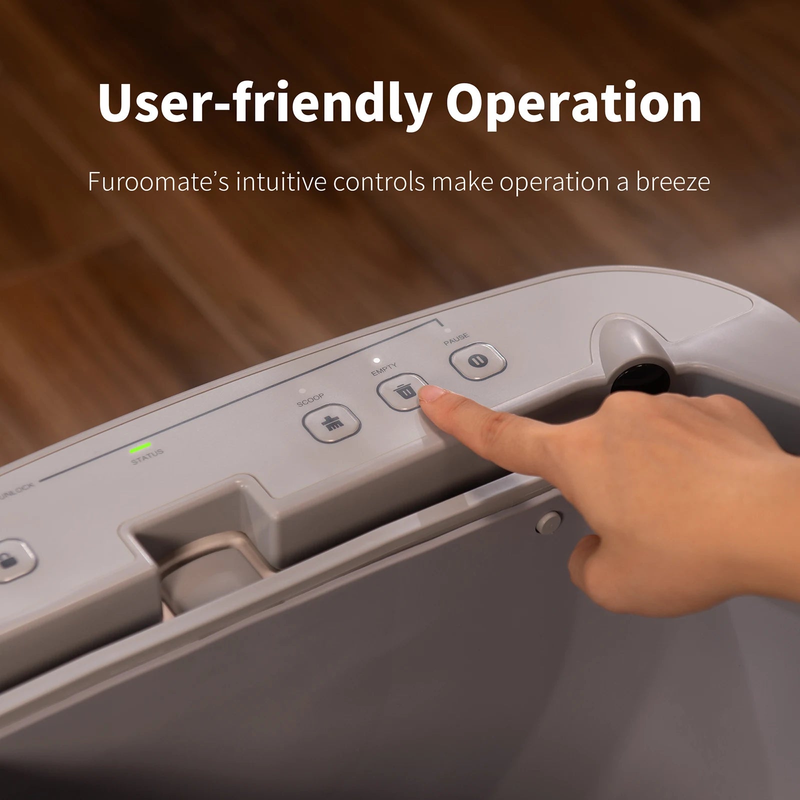 Hand pressing a button on a device with text 'User-friendly Operation' and 'Furoroomate's intuitive controls make operation a breeze'.