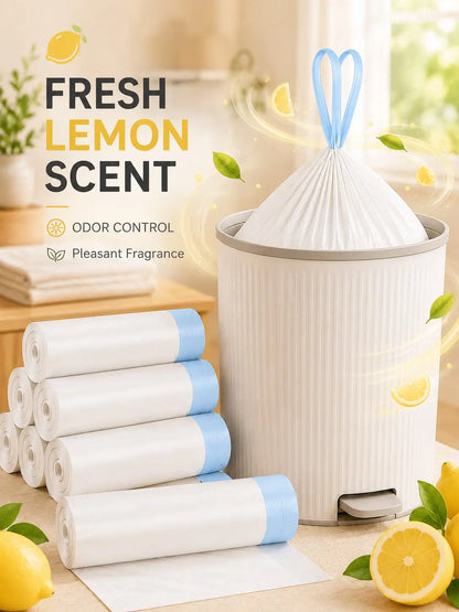 Lemon-scented trash bags shown in a bright kitchen-like setting with a white foot pedal canister, several rolled bags, and lemon slices. Text on the left reads 'FRESH LEMON SCENT' with claims about odor control and pleasant fragrance.