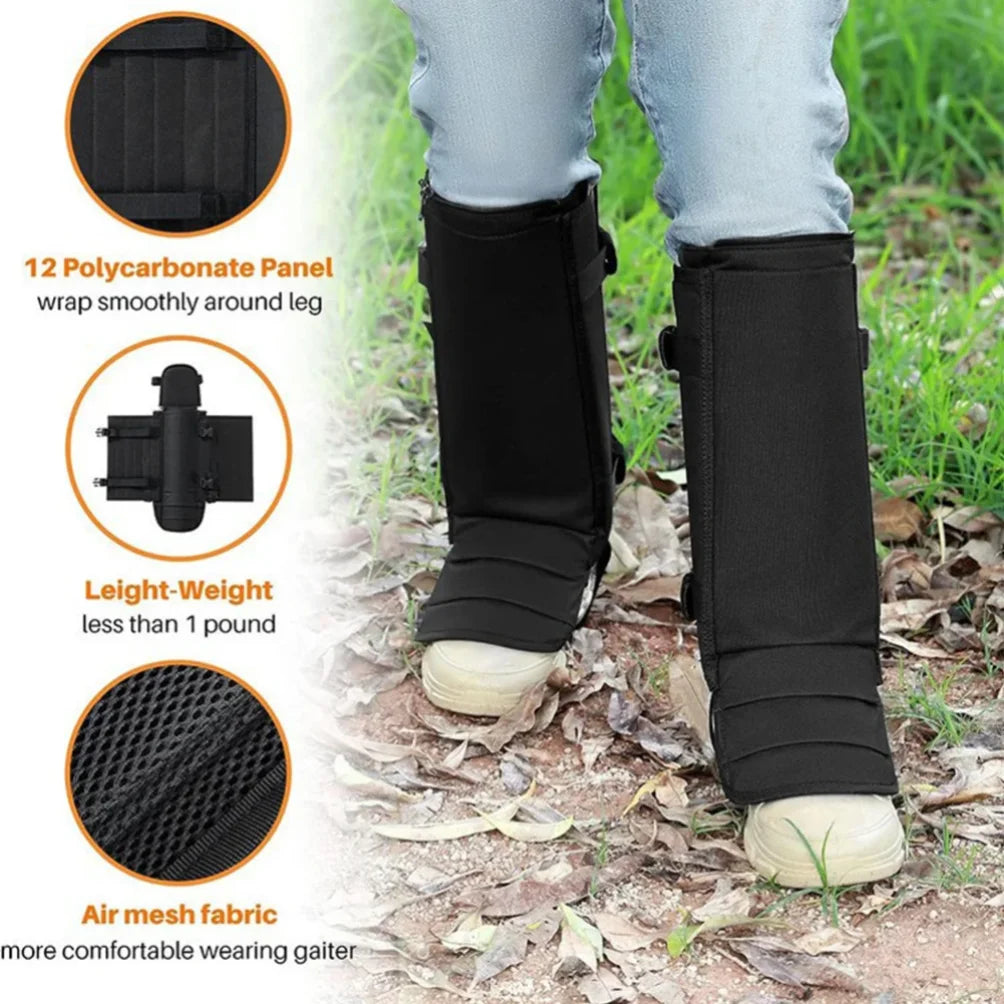 A person wearing a black leg support boot outdoors on grass and leaf-covered ground, with three circular inset callouts showing product details: a close-up of the wrap around the leg, the lightweight support device, and the breathable mesh fabric.