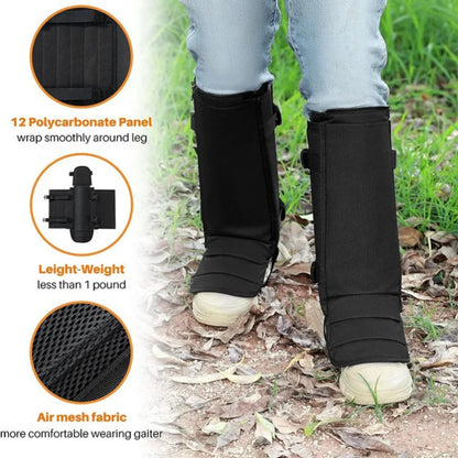 A person wearing a black leg support boot outdoors on grass and leaf-covered ground, with three circular inset callouts showing product details: a close-up of the wrap around the leg, the lightweight support device, and the breathable mesh fabric.