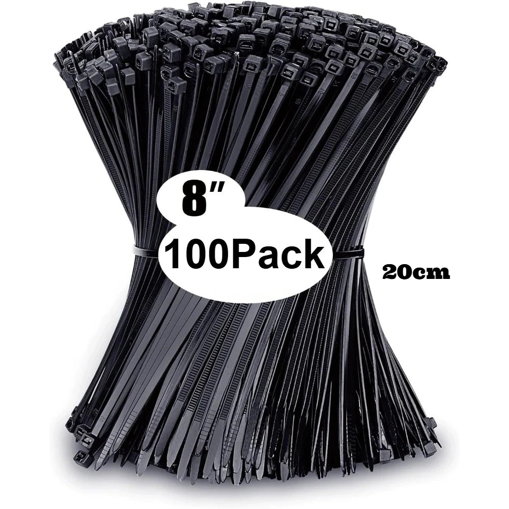 Pack of black cable ties with a label indicating 100 pieces and an 8-inch length.