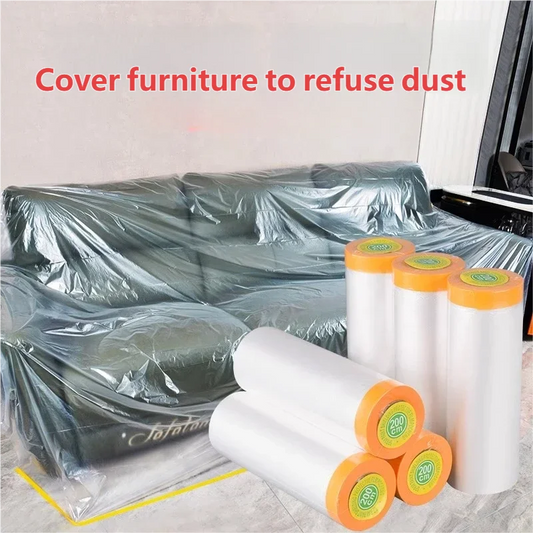 Furniture cover with rolls of plastic wrap on a couch