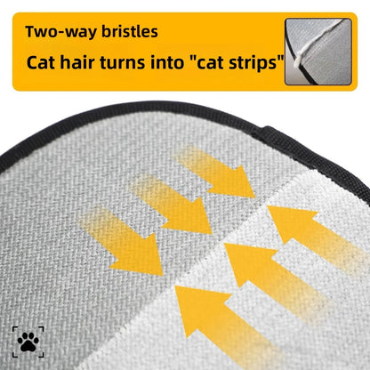 Cat hair removal tool with arrows indicating direction and text about two-way bristles.