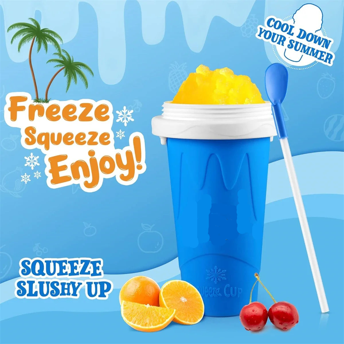 Blue slushy maker with ingredients and promotional text on a blue background