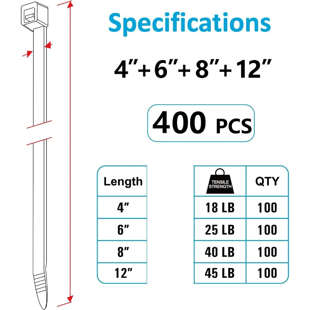 Product specifications including length options and weight capacities on a white background