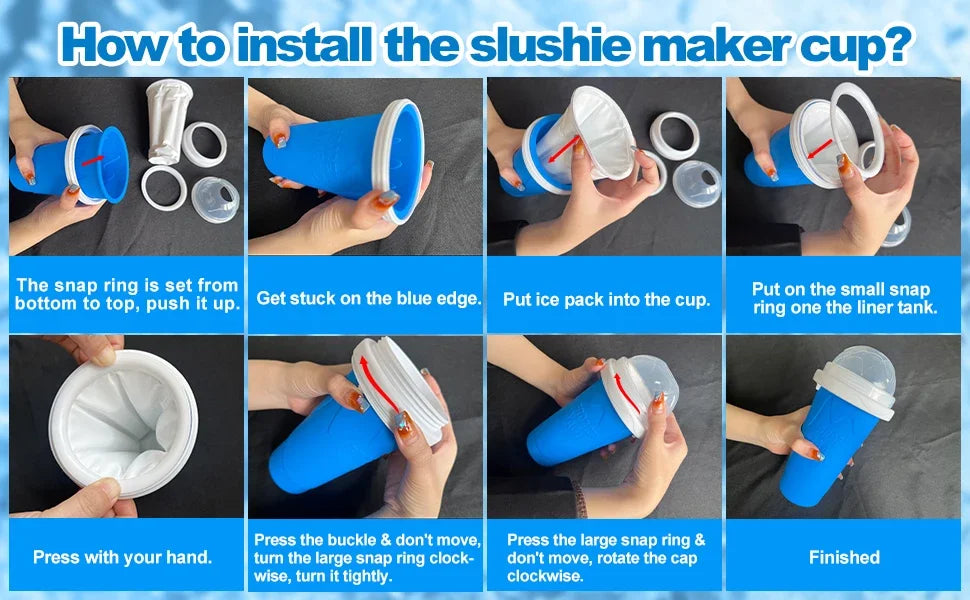 Step-by-step guide on how to install a slushie maker cup with visual instructions.
