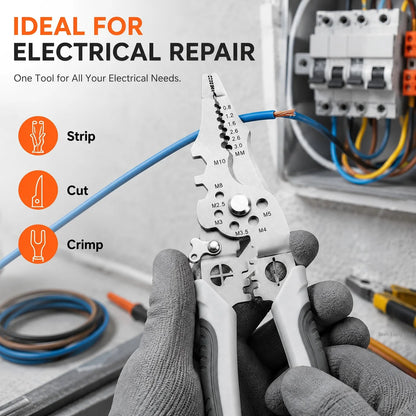 A multi-functional electrical wire stripping, cutting, and crimping tool held by gloved hands, with a blue wire being prepared. The background shows an electrical panel, and the left side features text and icons explaining the tool's functions: Strip, Cut, and Crimp.