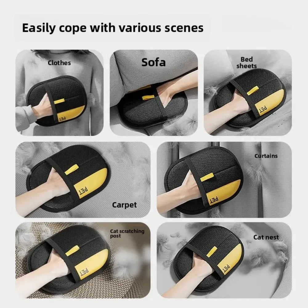 Black and yellow pet grooming mitts used on various surfaces with text indicating their versatility.