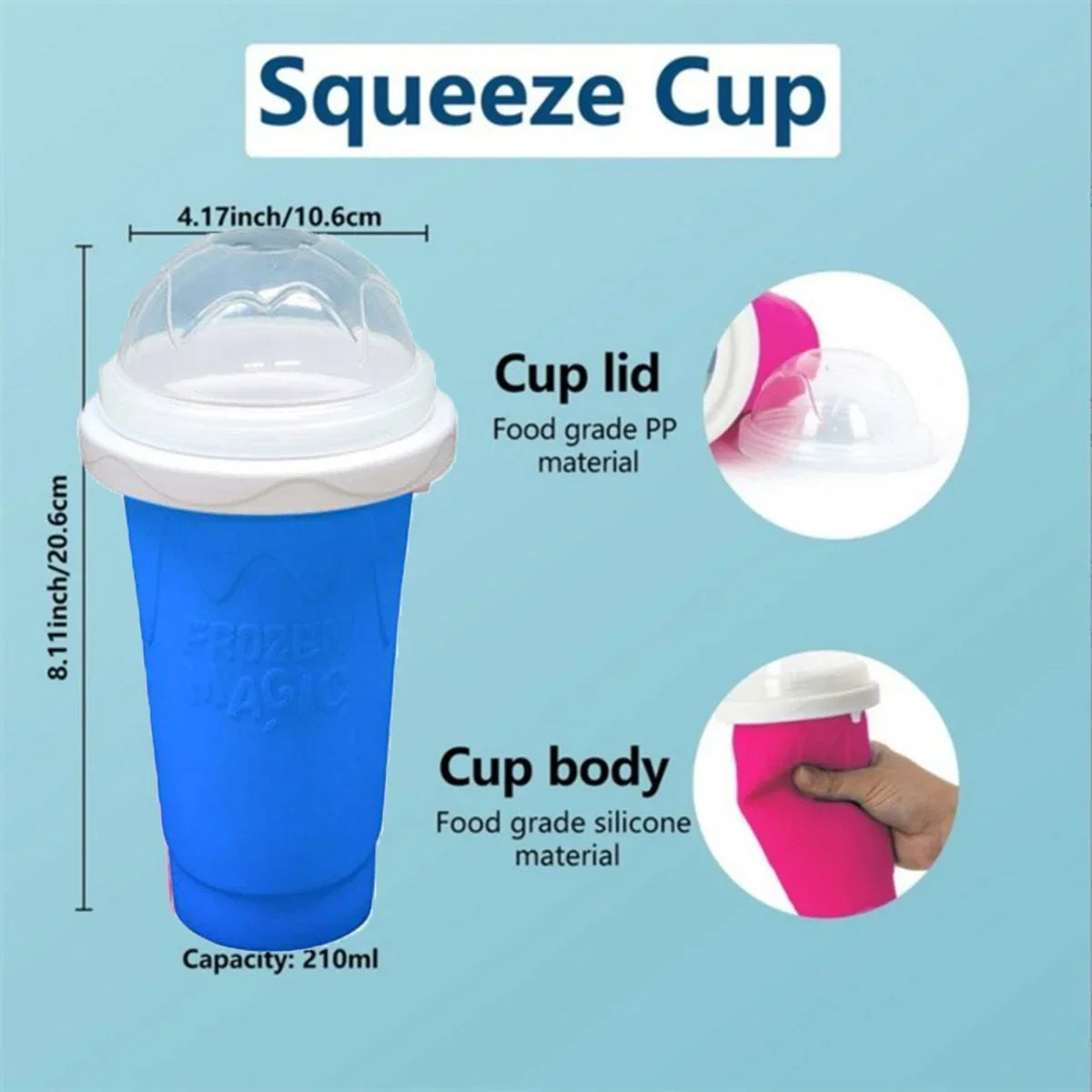 Squeeze cup with measurements and material details on a blue background