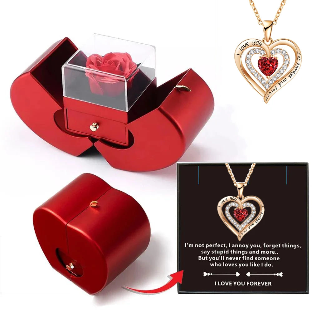 Indulge in timeless elegance with our Eternal Rose Jewelry Box and accompanying Elegant Love Necklace. The delicate rose motif on the box pairs perfectly with the exquisite necklace, making it the perfect gift for that special someone. Display your love with this luxurious set.