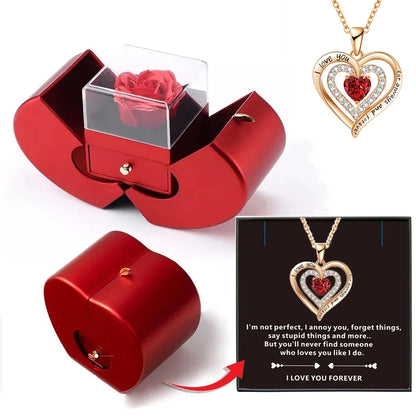 Indulge in timeless elegance with our Eternal Rose Jewelry Box and accompanying Elegant Love Necklace. The delicate rose motif on the box pairs perfectly with the exquisite necklace, making it the perfect gift for that special someone. Display your love with this luxurious set.