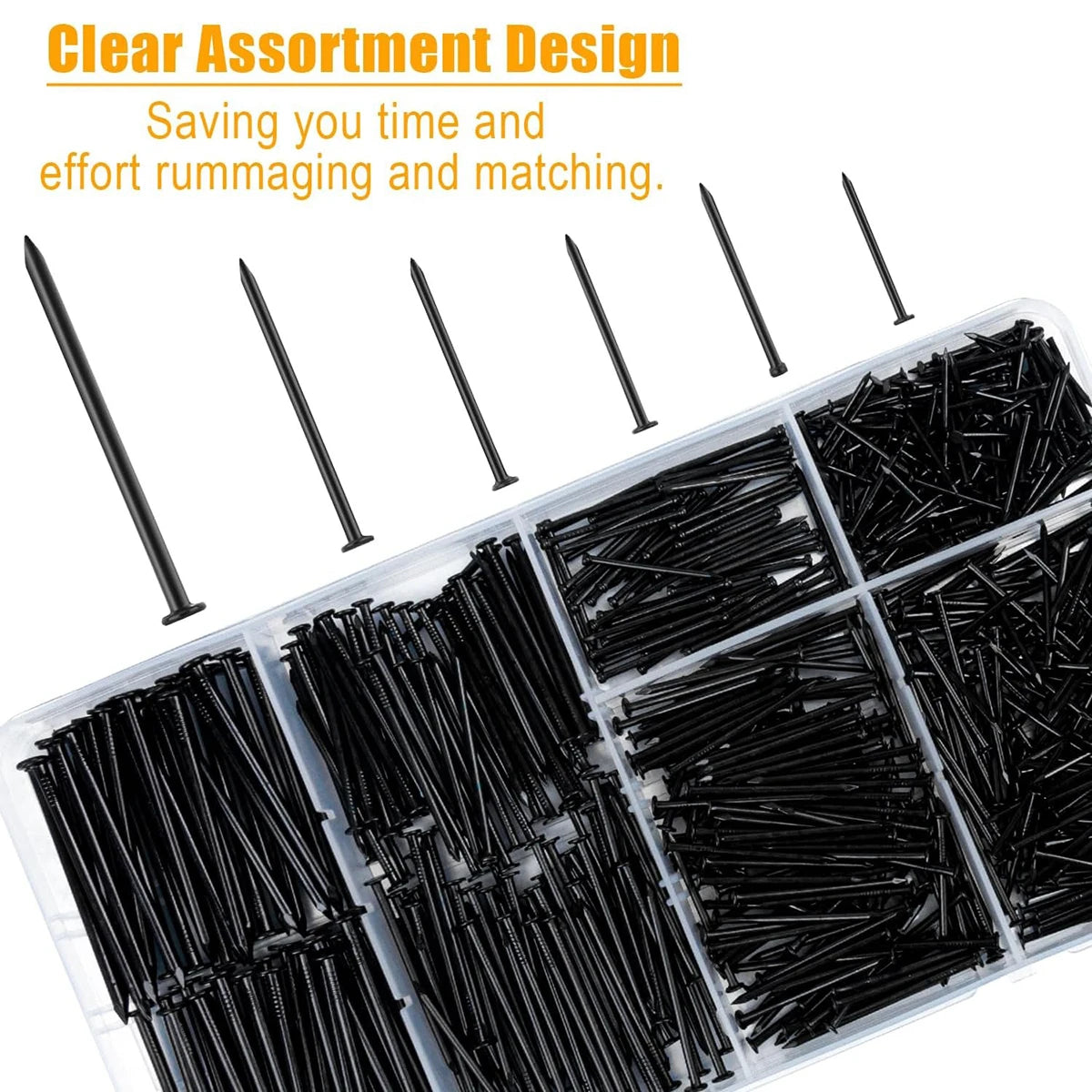 A clear plastic organizer filled with many black metal ground stakes or nails, shown on a white background with promotional text reading 'Clear Assortment Design' and 'Saving you time and effort rummaging and matching.'.