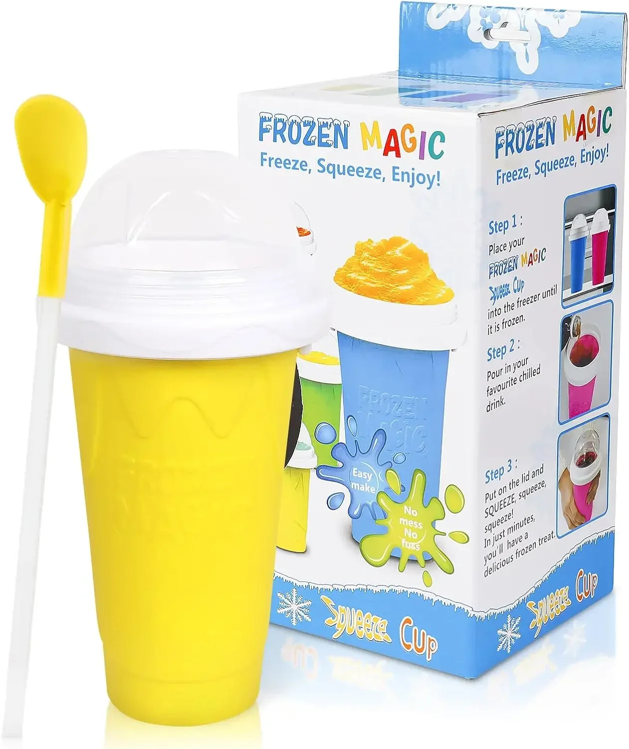 Yellow squeeze cup with spoon and packaging labeled 'Frozen Magic' on a white background