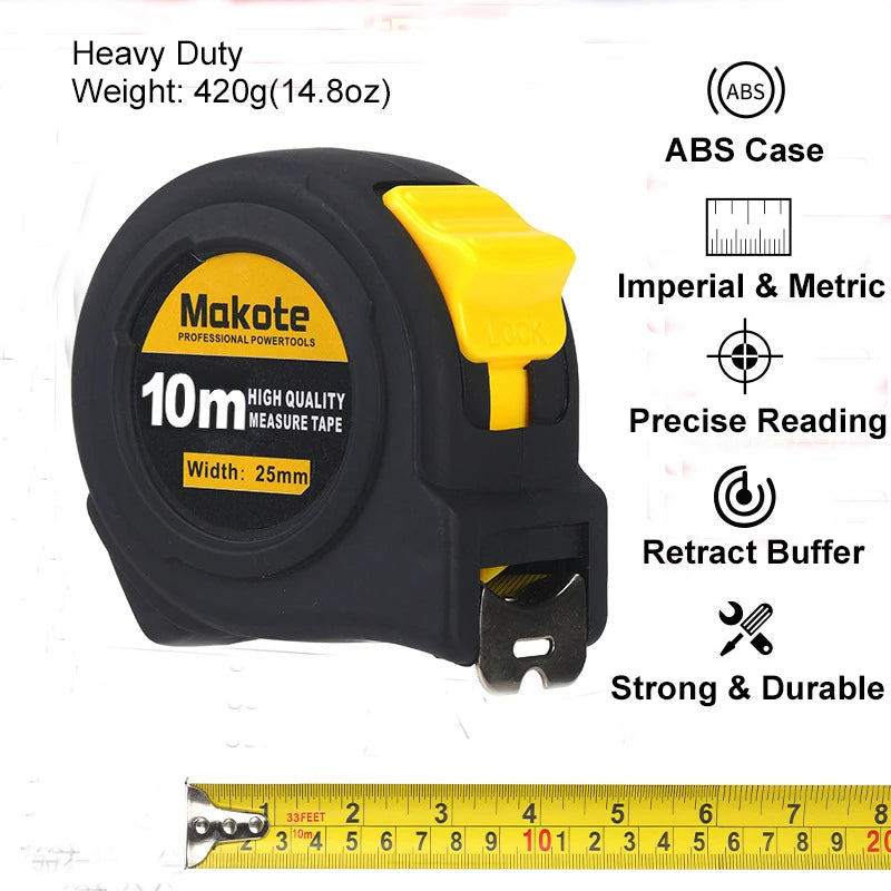Makote tape measure with features listed on a white background