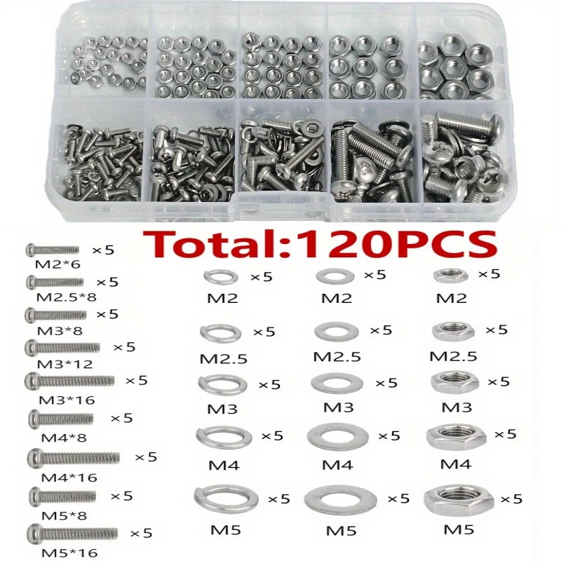 Assorted metal screws and nuts in a clear container with specifications displayed.