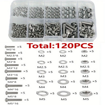 Assorted metal screws and nuts in a clear container with specifications displayed.