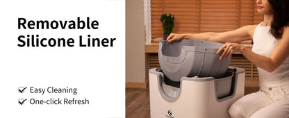 Person using a foot care machine with a removable silicone liner feature highlighted.