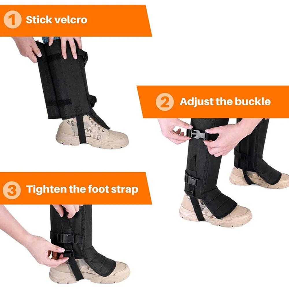 Three-step instructional graphic showing how to fasten a black leg wrap or shin sleeve around a lower leg and ankle, with hands adjusting straps and buckles over a white background and orange text labels.