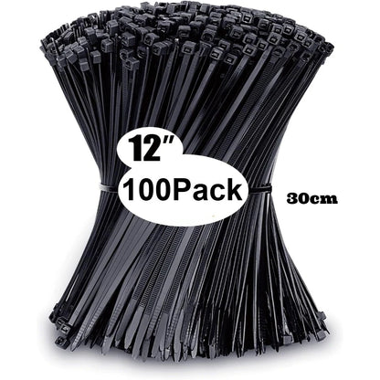 Pack of black cable ties with a label indicating size and quantity on a white background