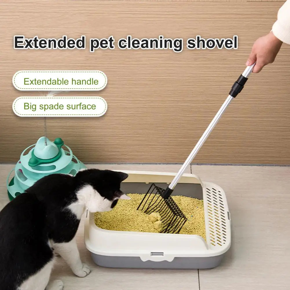 Make cat litter maintenance a breeze with our Adjustable Long Handle Metal Cat Litter Scoop! Its long handle allows for easy reach, keeping the dust away from you and its metal construction ensures durability. Say goodbye to back strain and hello to effortless cleaning! Keep your furry friend's litter box clean and fresh with our metal scoop.