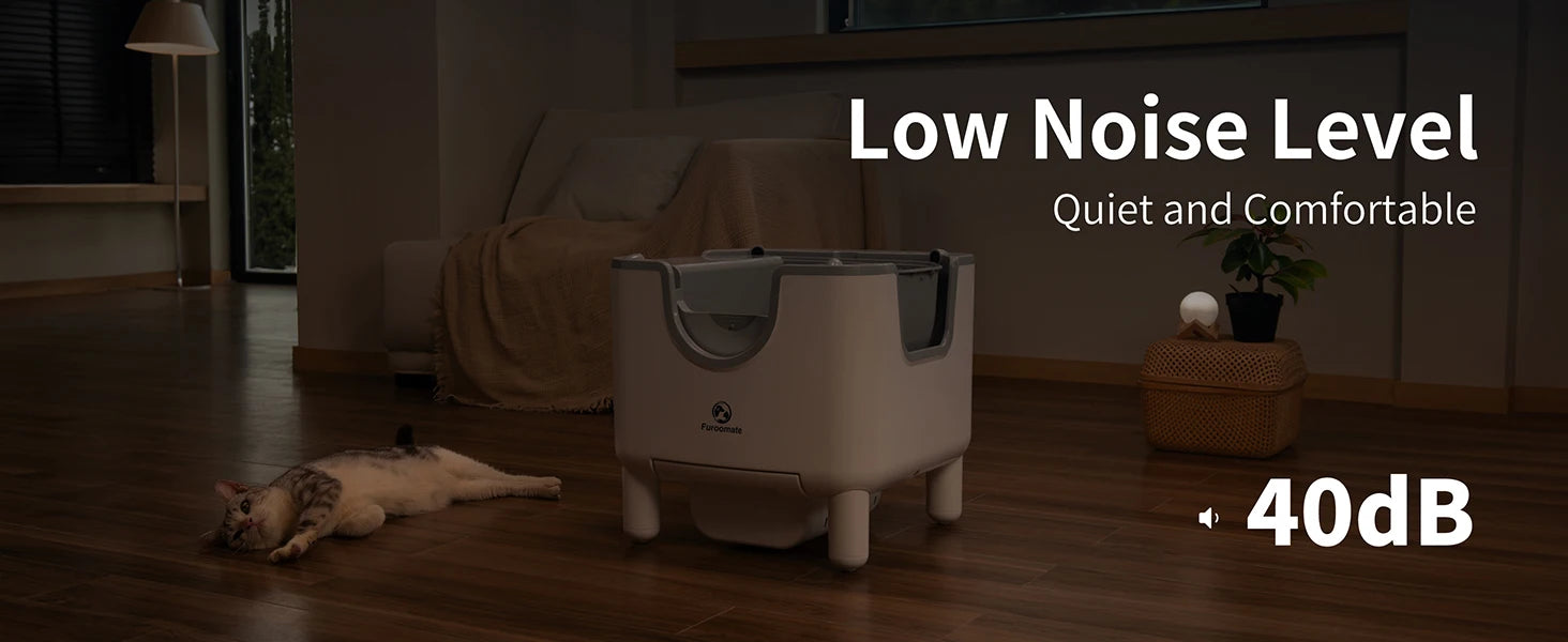 Pet bed with a cat lying on the floor, labeled 'Low Noise Level' and '40dB'.