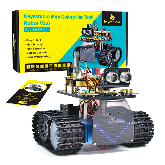 46160165372136 Upgrade your DIY robotics game with the Keyestudio V3.0 DIY Robot Tank Electronic Kit. This advanced kit includes everything you need to build and program your own robotic tank. With its easy-to-use components and precise control, you'll be able to take your robotics skills to the next level. Dominate the competition with this high-tech kit.
