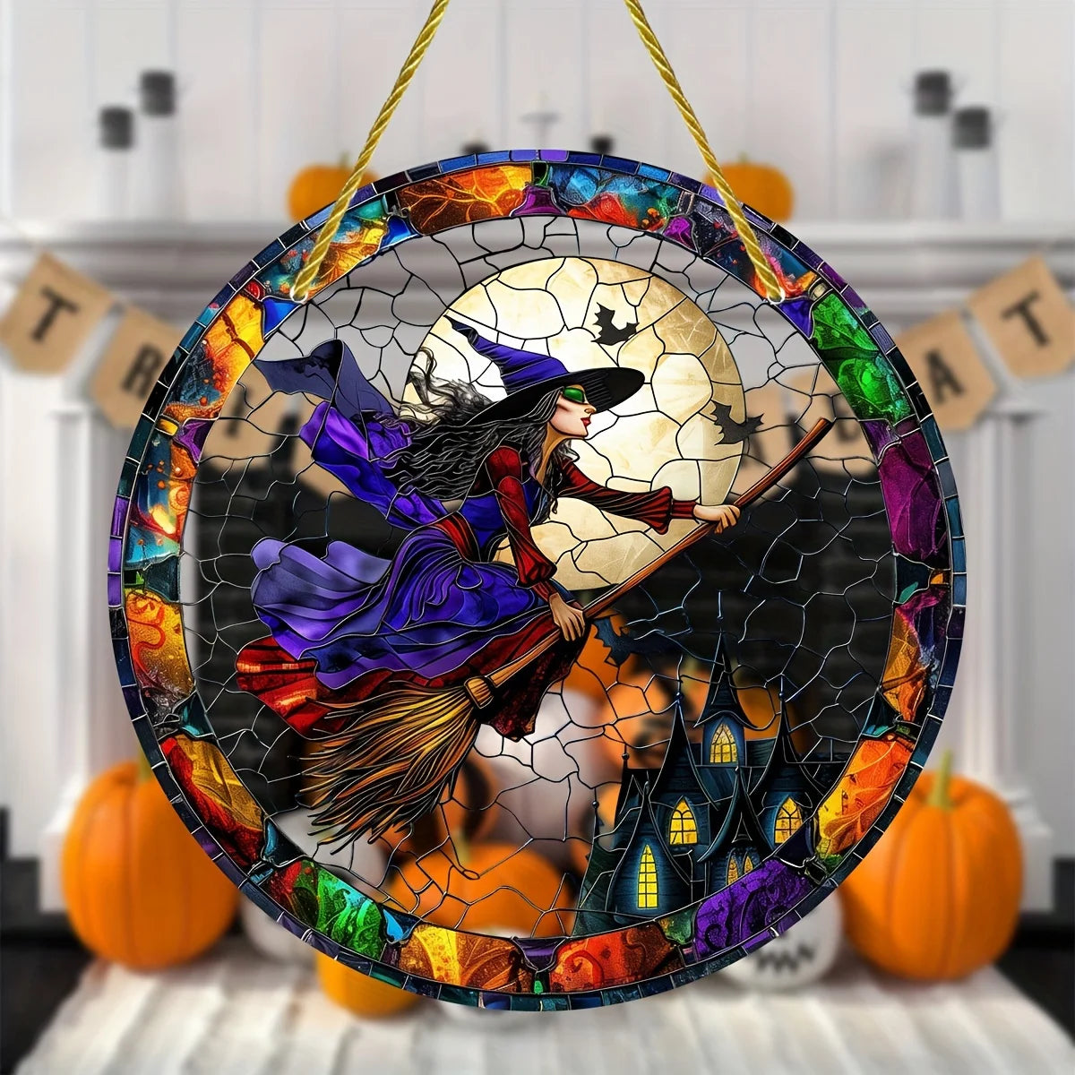 Transform your space with the bewitching charm of our Stained Glass Halloween Witch Suncatcher. The intricately crafted stained glass captures the essence of the holiday in a mesmerizing display of light and color. Add a touch of luxury and sophistication to your Halloween décor.