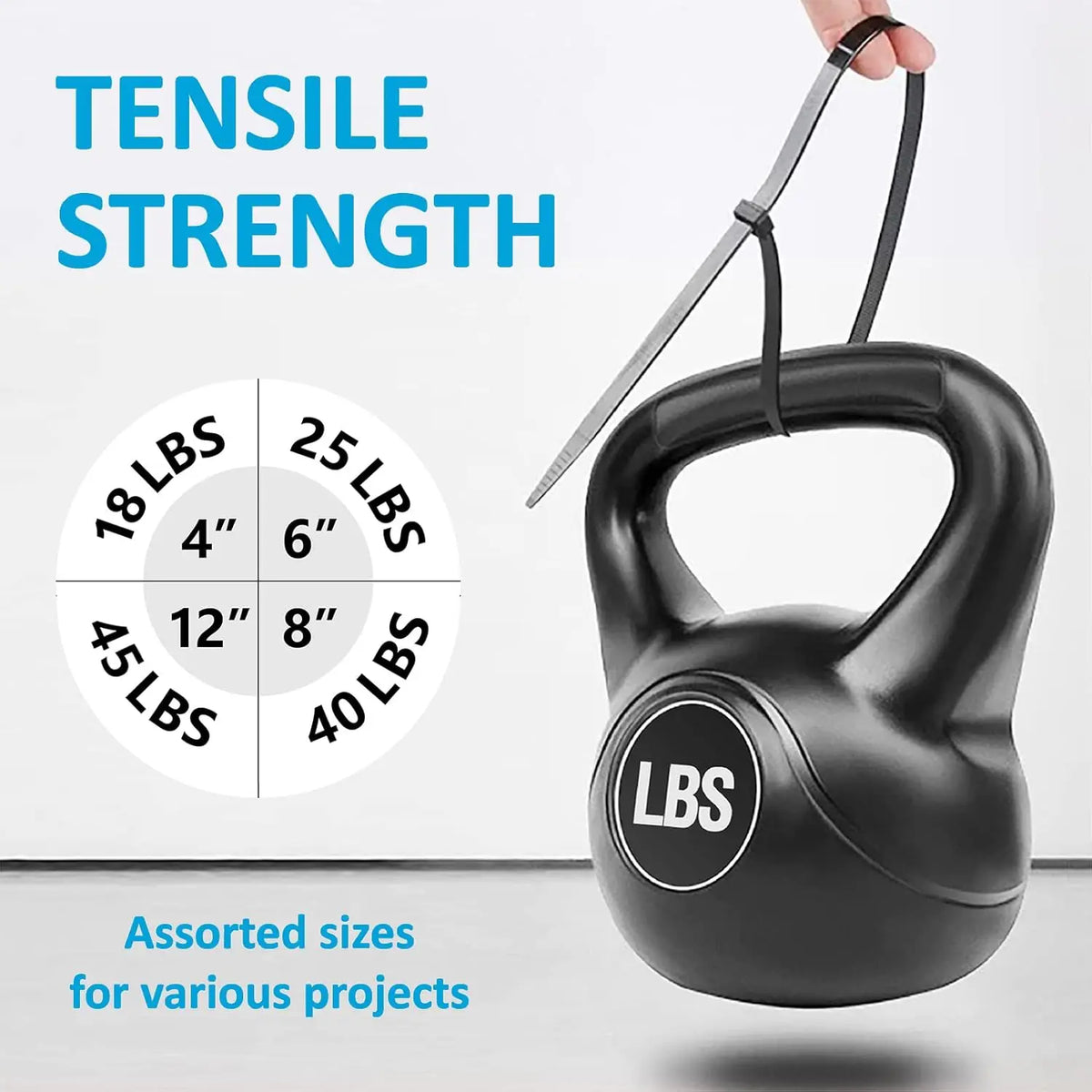 Black kettlebell with measurement scale and text about tensile strength and assorted sizes.