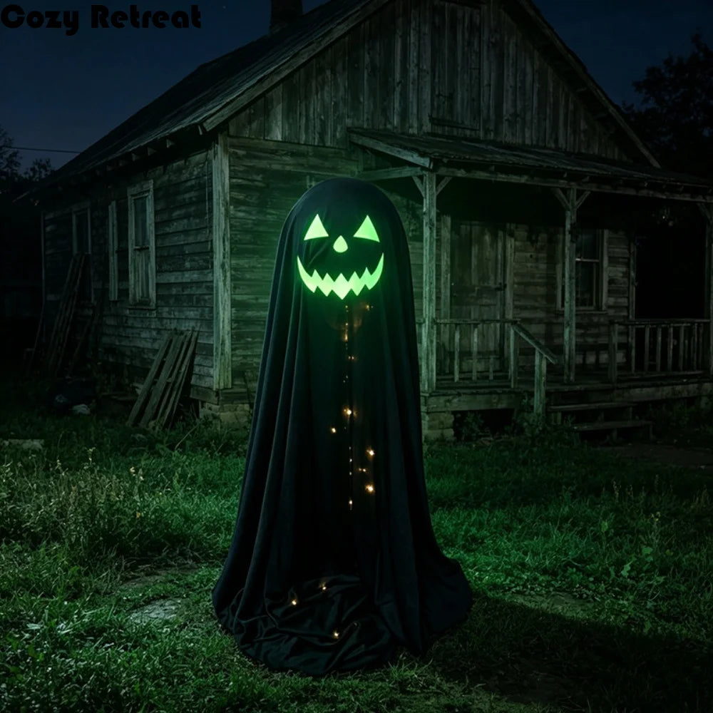 A black ghost-shaped Halloween decoration with a glowing green jack-o'-lantern face and warm string lights, standing in front of an old wooden house at night.