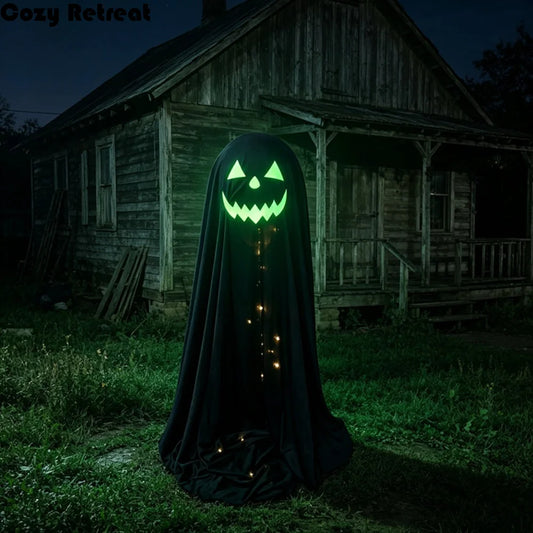 A black ghost-shaped Halloween decoration with a glowing green jack-o'-lantern face and warm string lights, standing in front of an old wooden house at night.