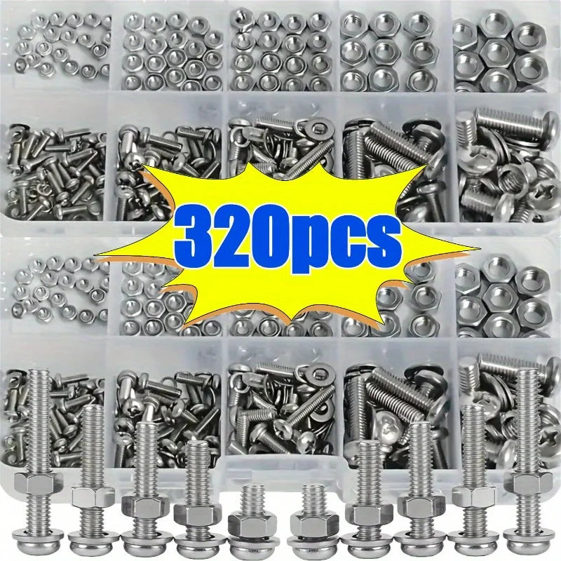 Assorted metal screws and bolts in a clear container with a yellow label indicating '320pcs'.