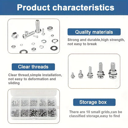 Product characteristics of screws and bolts with storage box on a white background