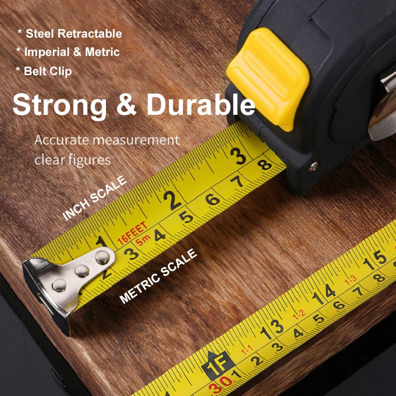 Retractable tape measure with yellow band on a wooden surface, featuring text about its features.