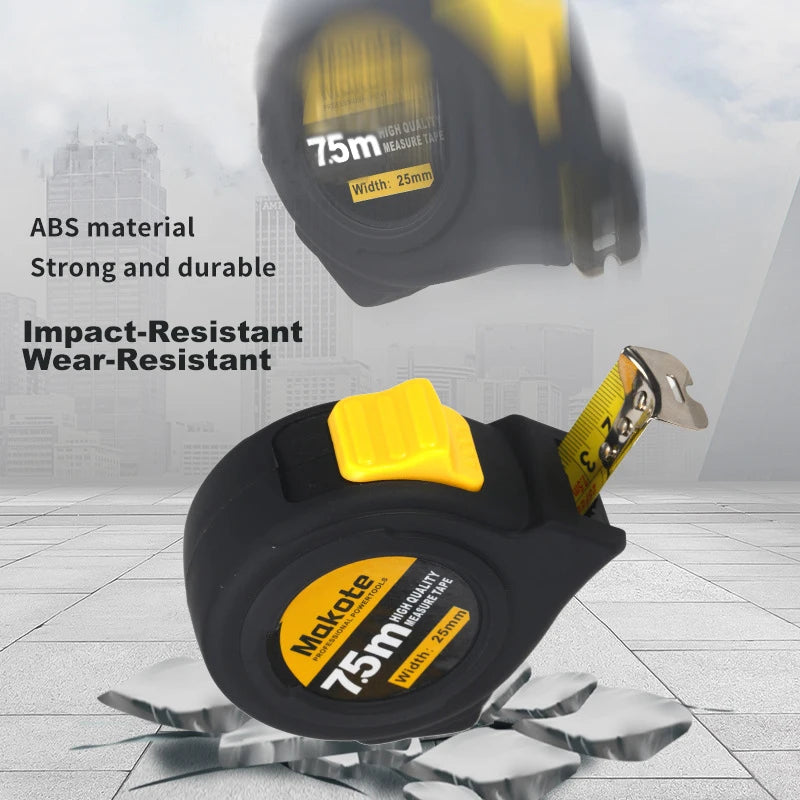 Tape measure with ABS material, strong and durable, impact-resistant, wear-resistant features on a gray background.