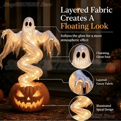 A Halloween decoration featuring a glowing spiral ghost made of layered translucent fabric rising from a carved jack-o'-lantern pumpkin. The image includes marketing text and circular detail callouts describing the ghost face, layered gauze fabric, and illuminated spiral design.