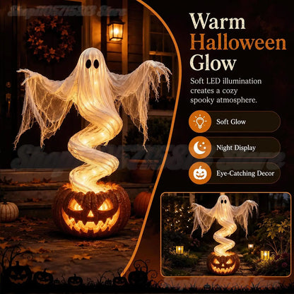 A Halloween decorative ghost figure made of gauzy fabric spirals upward from a carved jack-o'-lantern pumpkin. The scene is styled outdoors at a porch at night, with warm glowing lights and promotional text on the right describing the soft LED glow, night display, and eye-catching decoration.