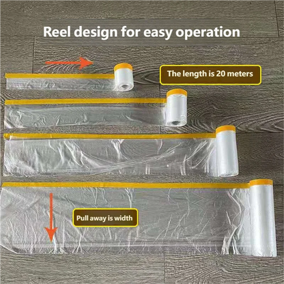 Clear plastic sheet with reel design on a wooden floor background