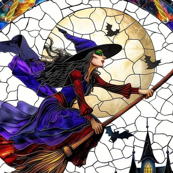 46747736637672 Transform your space with the bewitching charm of our Stained Glass Halloween Witch Suncatcher. The intricately crafted stained glass captures the essence of the holiday in a mesmerizing display of light and color. Add a touch of luxury and sophistication to your Halloween décor.