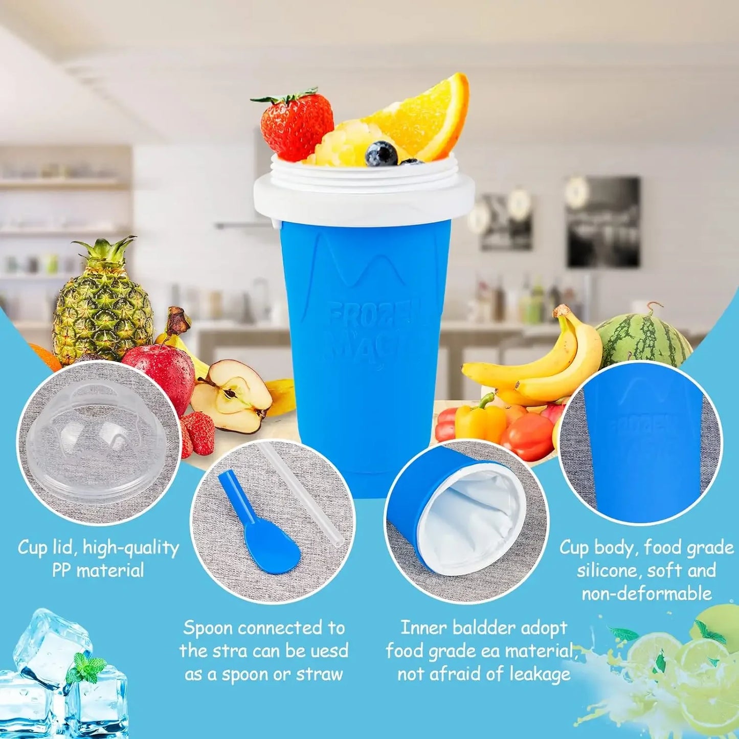 Blue cup with fruit and kitchen background, featuring text on cup components.