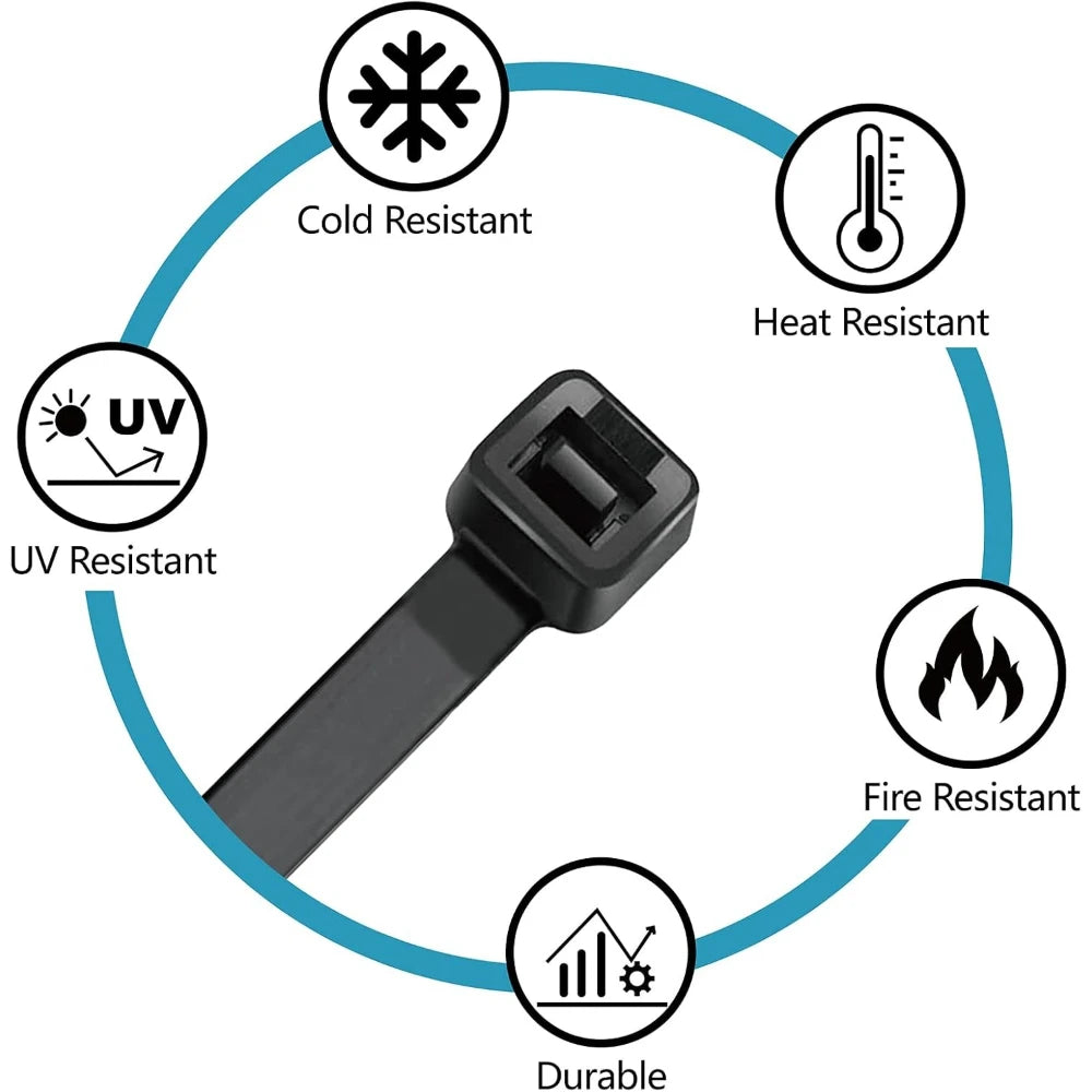 Black cable tie with durability and resistance icons on a white background