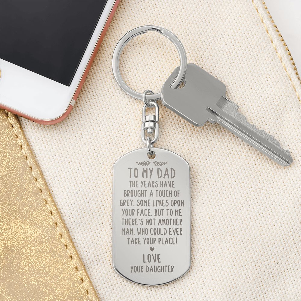 Create a unique keepsake with our Engraved Dog Tag Keychain. This high-quality stainless steel piece can be customized on the back in a scripted font, with 2 lines of text, up to 20 characters each.
