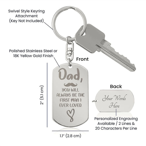 Create a unique keepsake with our Engraved Dog Tag Keychain. This high-quality stainless steel piece can be customized on the back in a scripted font, with 2 lines of text, up to 20 characters each.